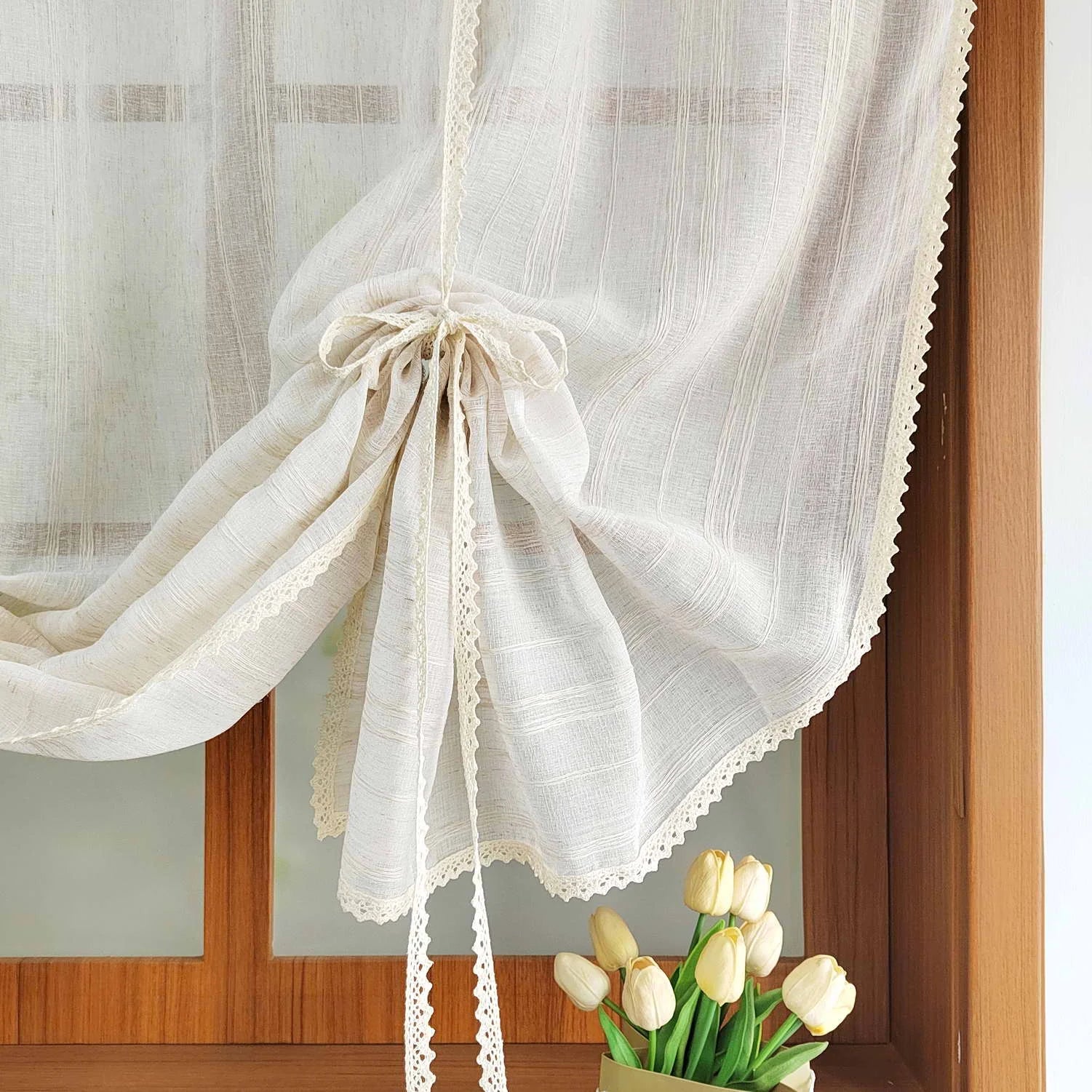 Rideau brise bise relevable beige rayé tamisant pour cuisine fenêtre (1 pièce)