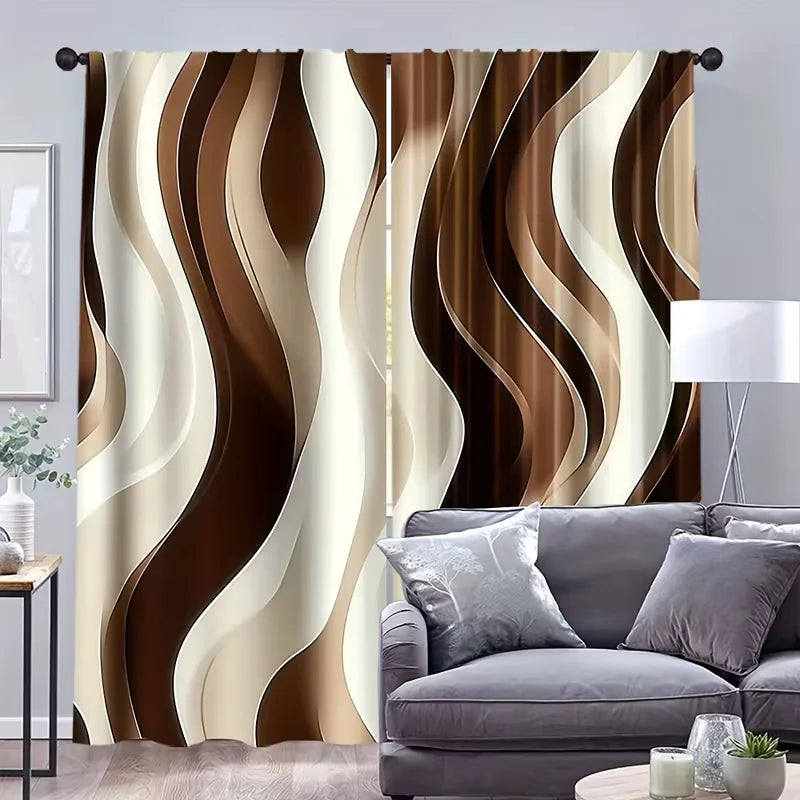 Rideaux voilage vagues marron et crème en polyester pour salon (2 panneaux)