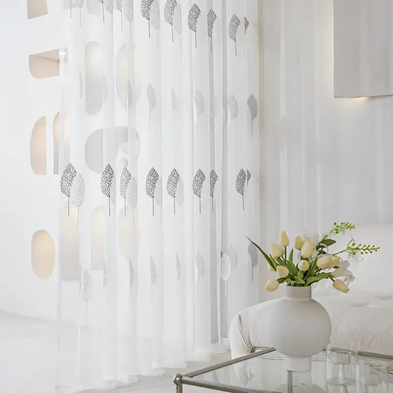 Rideau voilage brodé feuilles translucide blanc élégant pour salon ( 1 pièce )