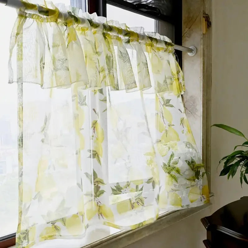 Rideau court cuisine citron jaune en voile polyester tamisant
