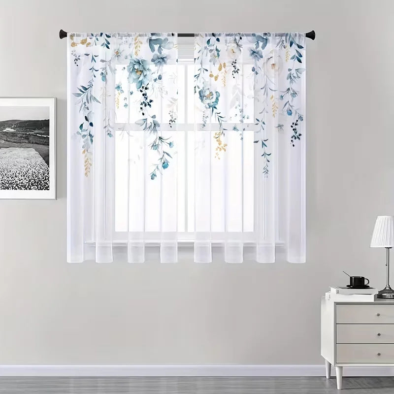 Rideaux voilage fleuris bleu et doré translucides pour cuisine