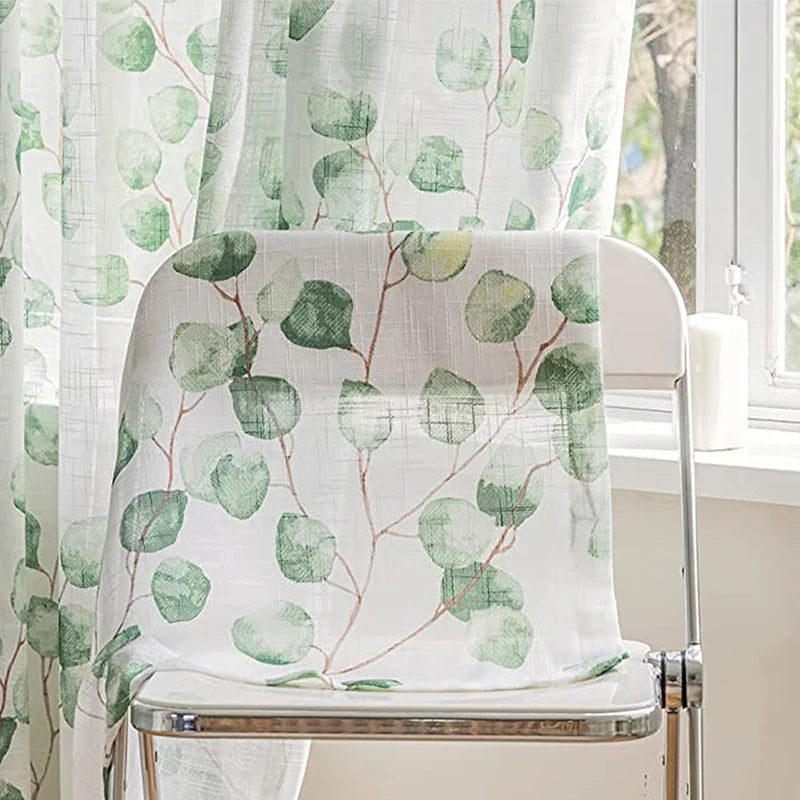 Rideau voilage blanc imprimé feuilles de Bodhi vertes pour salon (2 pièces)