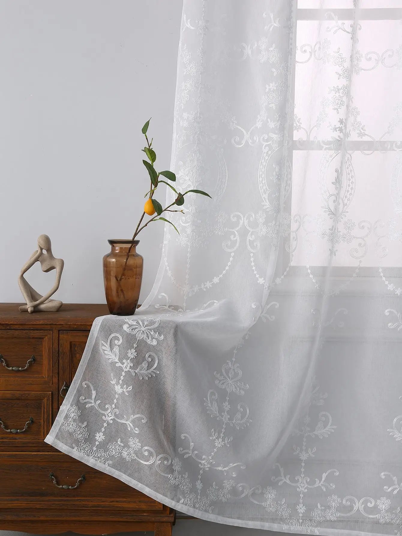 Rideau voilage blanc brodé floral pour salon et chambre