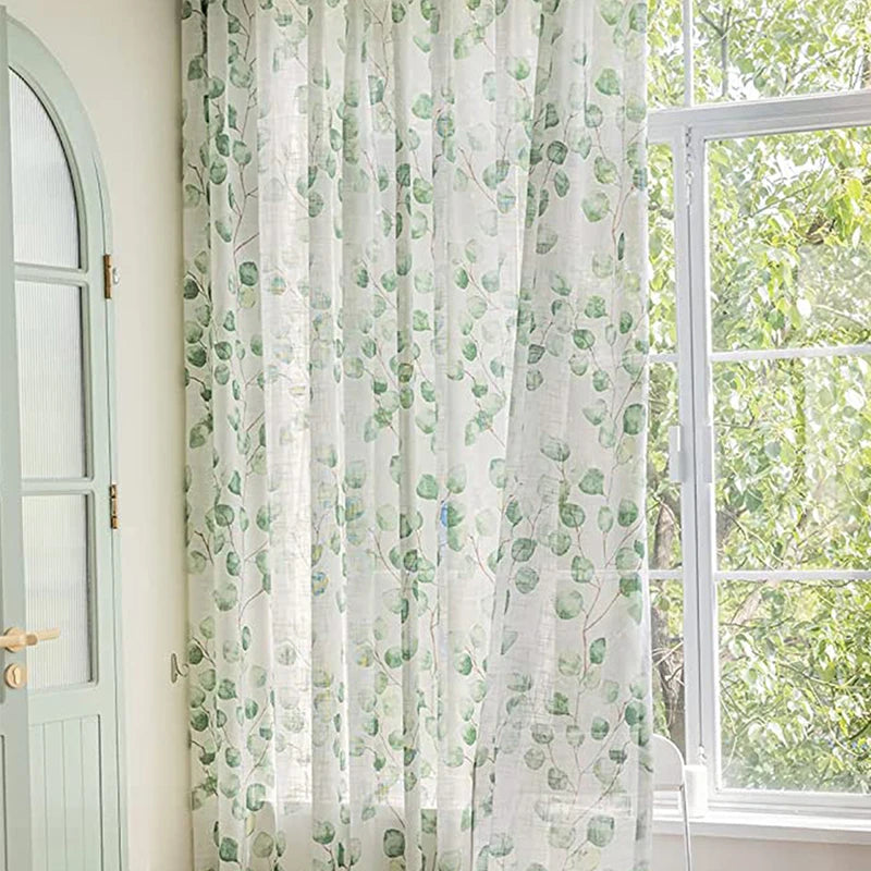 Rideau voilage blanc imprimé feuilles de Bodhi vertes pour salon (2 pièces)