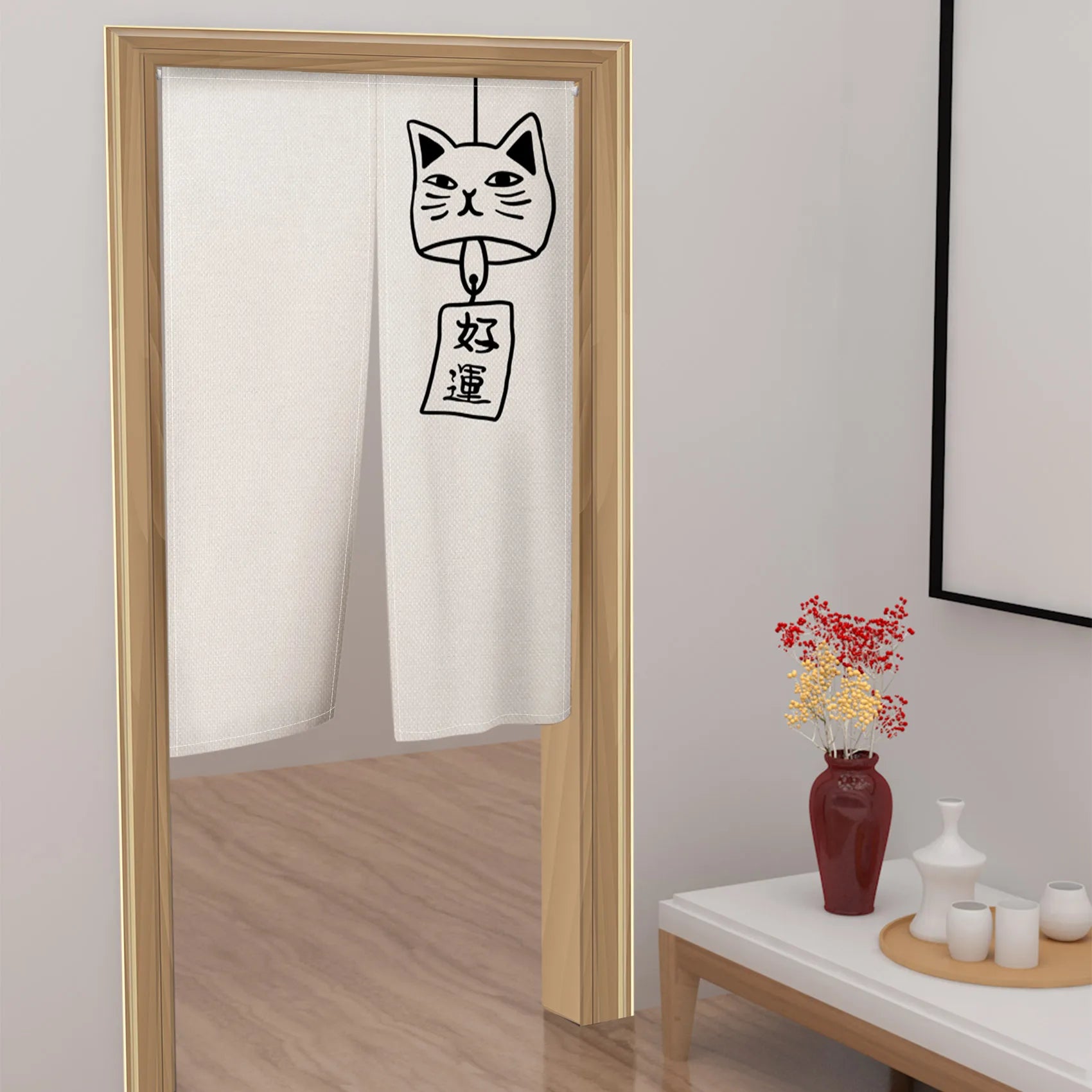 Rideau de porte japonais en lin motif chat style noren pour cuisine et entrée