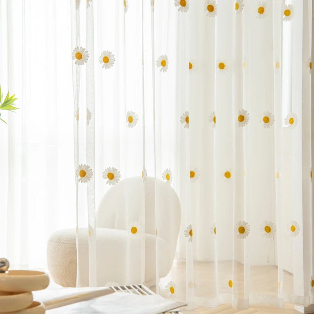 Rideau voilage marguerites style nordique tamisant pour salon et chambre
