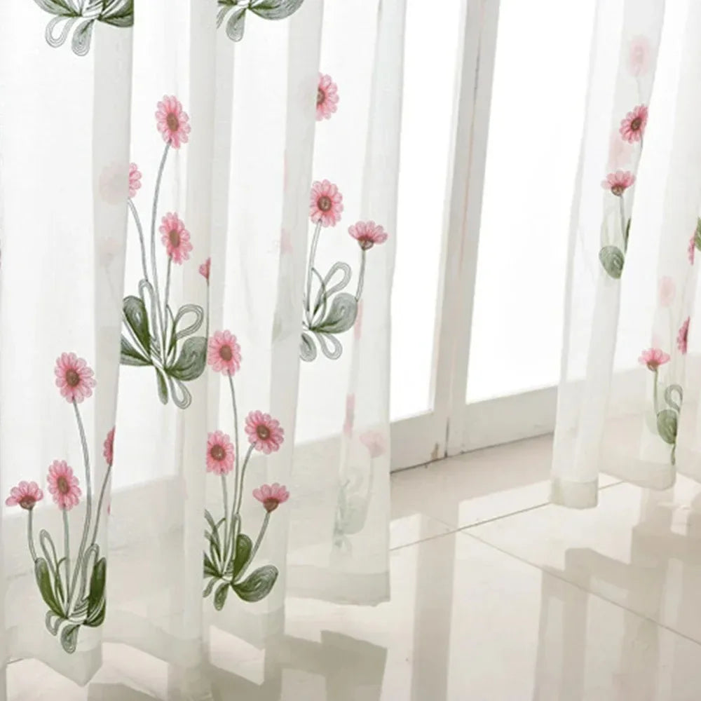 Rideau en voile brodé floral rose – Tulle romantique pour fenêtre et porte-fenêtre