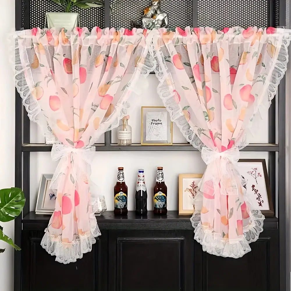 Rideaux demi-hauteur en voile à motif fruits avec dentelle (2 panneaux)