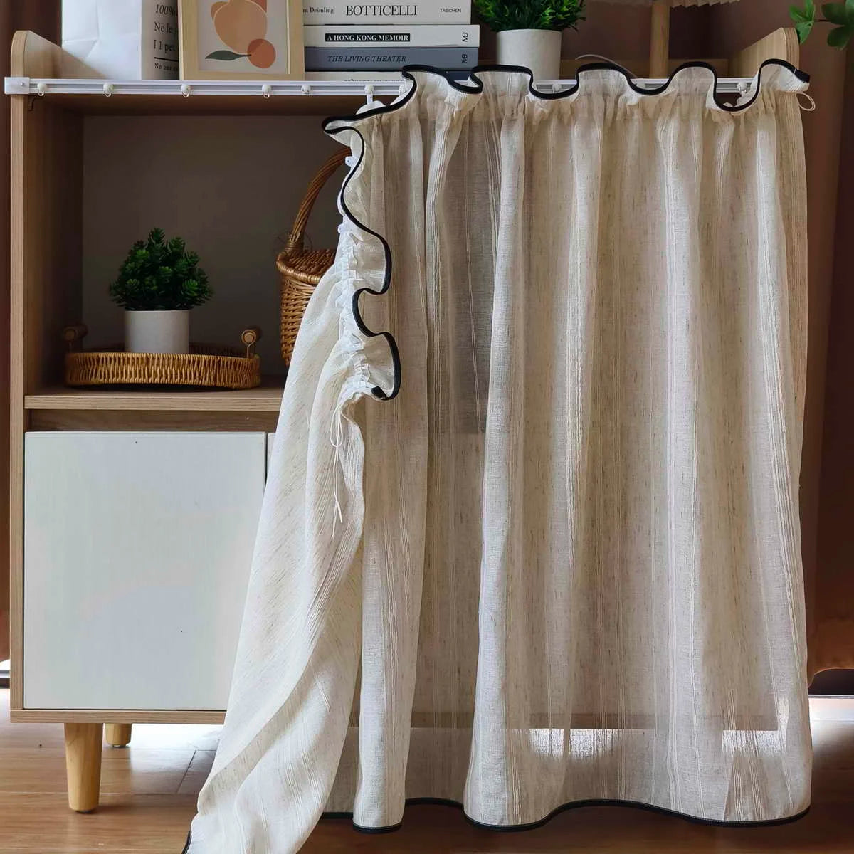 Rideau brise bise effet lin beige tamisant à plis pour cuisine fenêtre (1 pièce)
