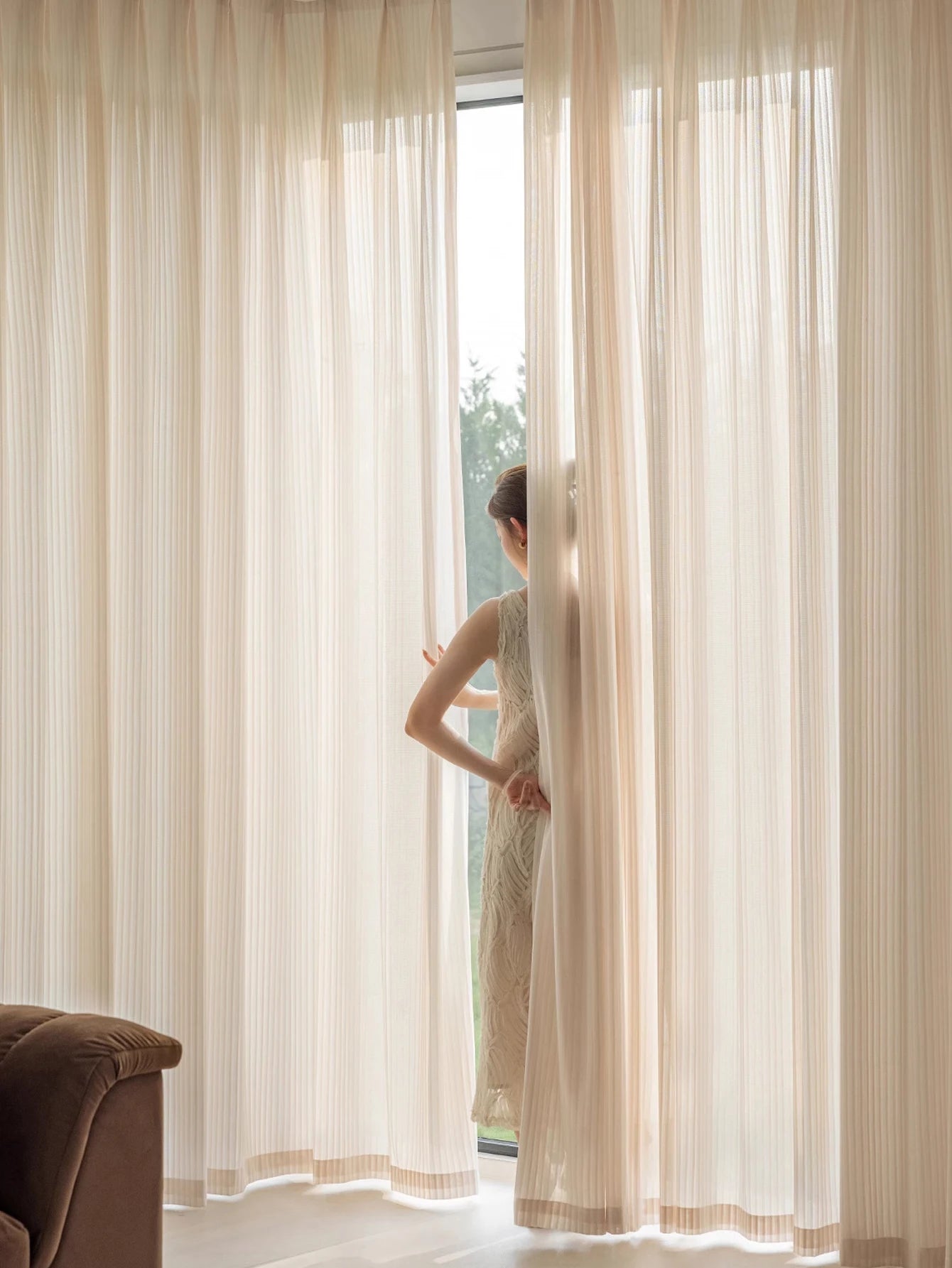 Rideau voilage tamisant jaune clair en polyester pour salon et balcon