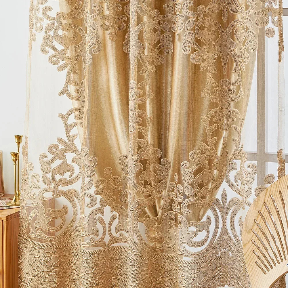 Rideau voilage brodé doré en tulle polyester style européen