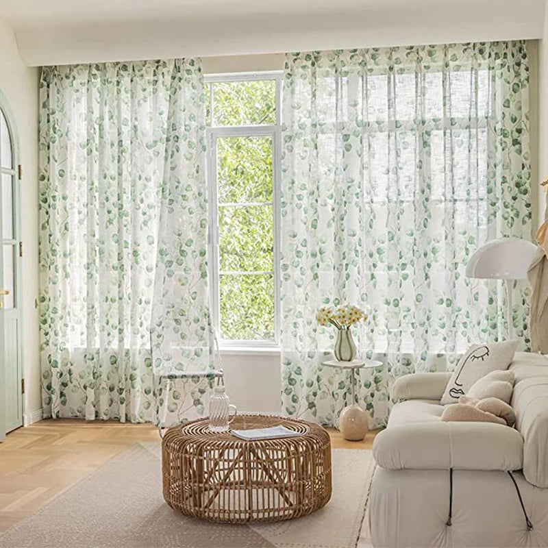 Rideau voilage blanc imprimé feuilles de Bodhi vertes pour salon (2 pièces)