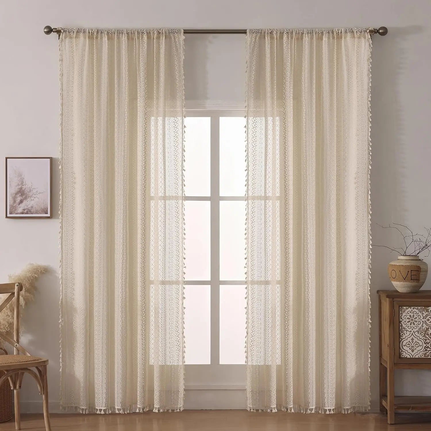 Rideau voilage bohème à pompons beige tamisant style japonais pour porte-fenêtre