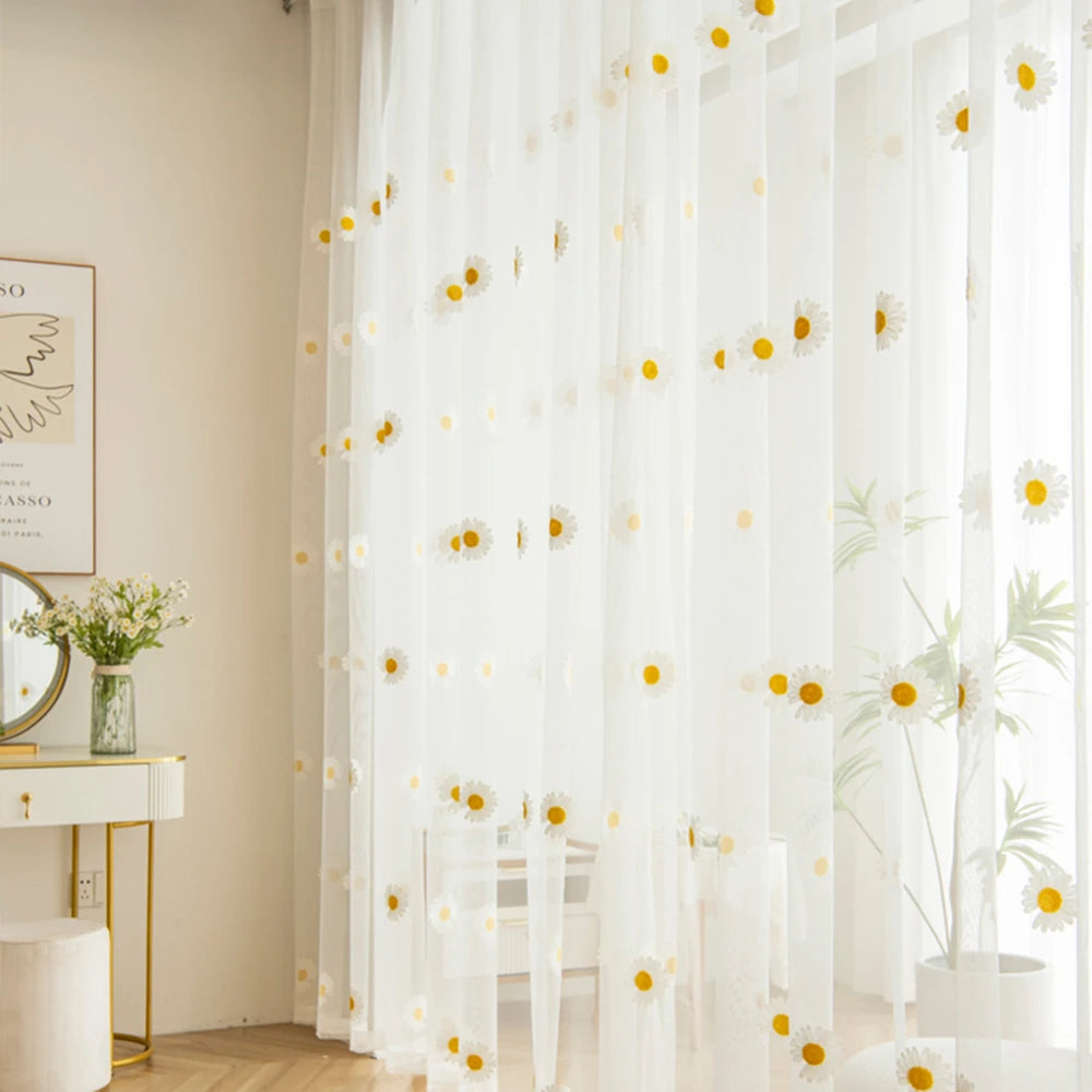 Rideau voilage marguerites style nordique tamisant pour salon et chambre