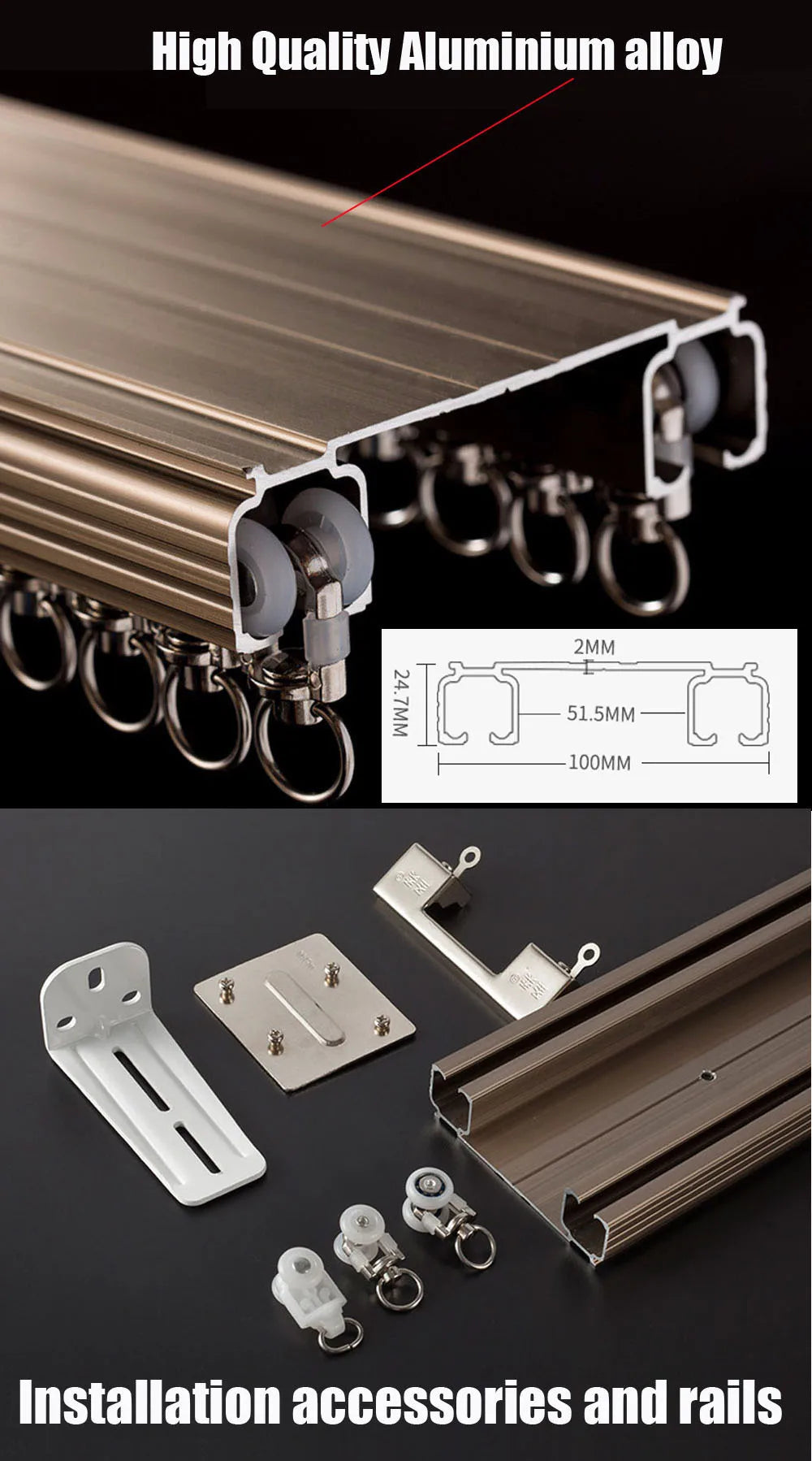 Tringle à rideaux en alliage d'aluminium Champagne Gold avec roulettes métalliques – Double rail pour installation au plafond