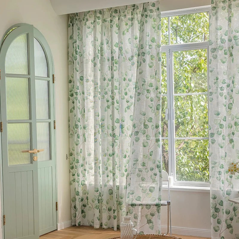 Rideau voilage blanc imprimé feuilles de Bodhi vertes pour salon (2 pièces)