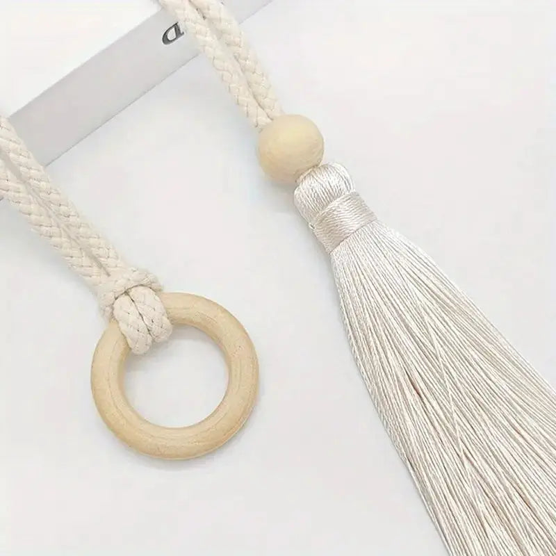 Embrasse de rideau bohème en coton et bois avec pompon (2 pièces)