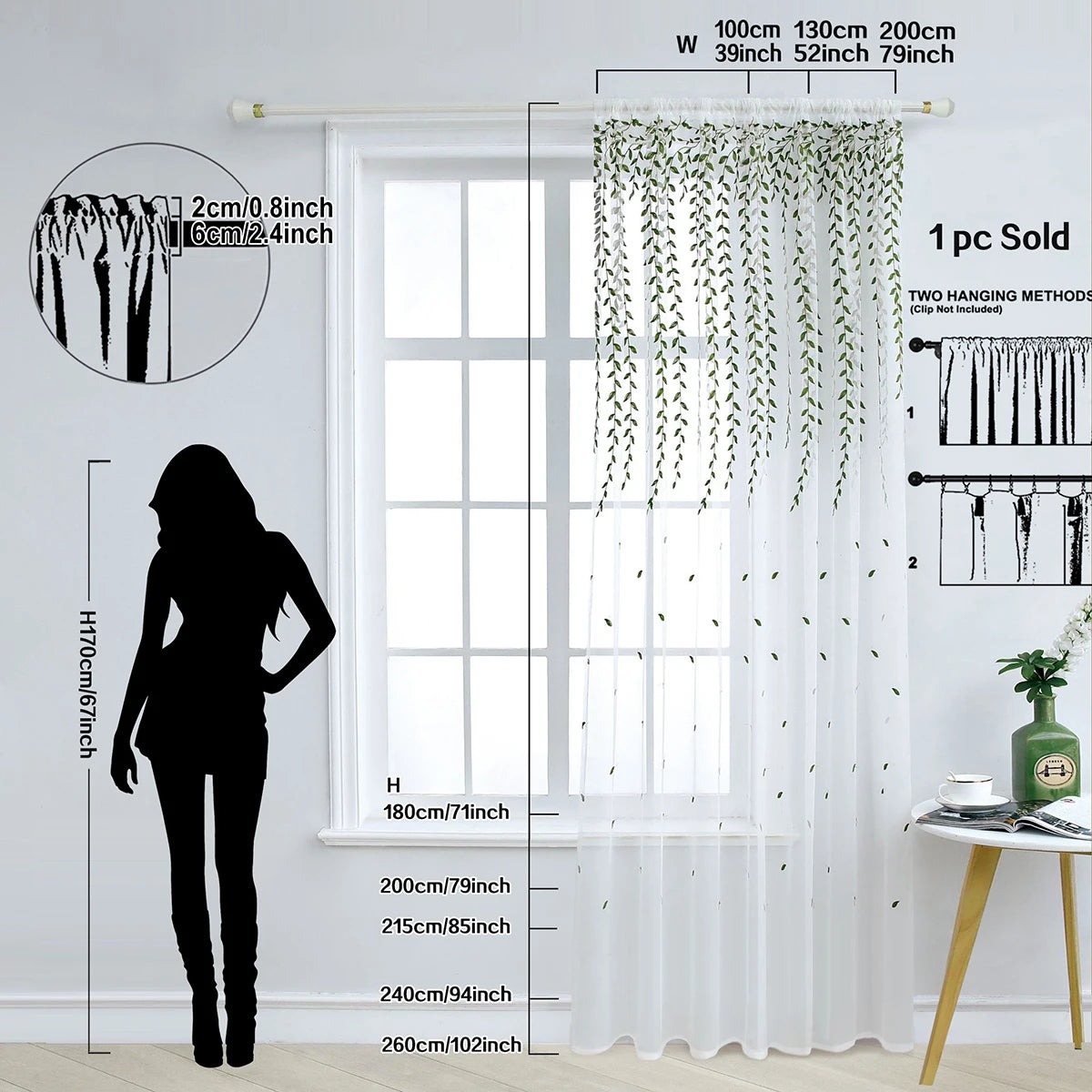 Rideau voilage feuilles brodées vert tamisant polyester pour salon et chambre