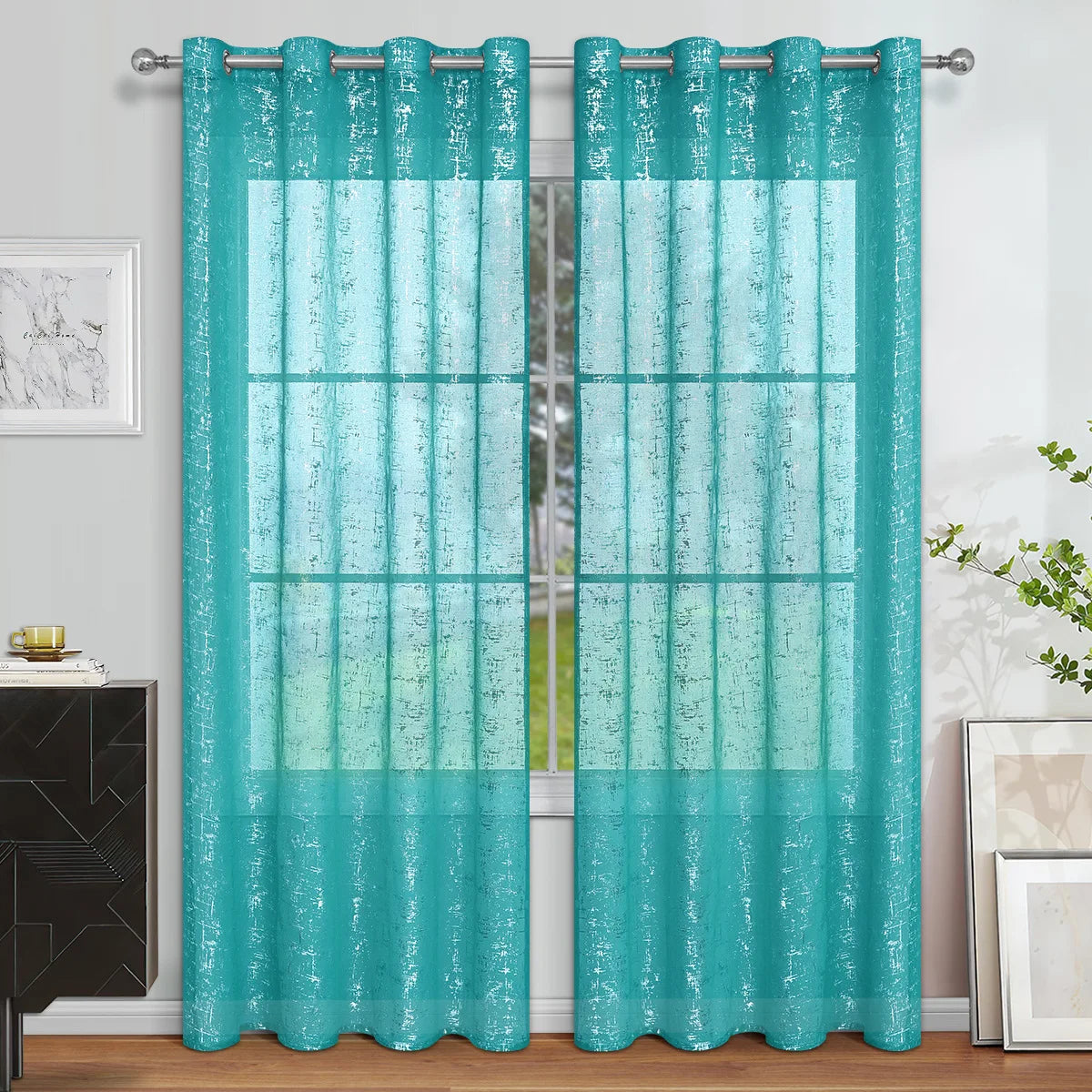 Rideaux semi-voilages argentés à œillets en coton lin pour salon et chambre (2 panneaux)
