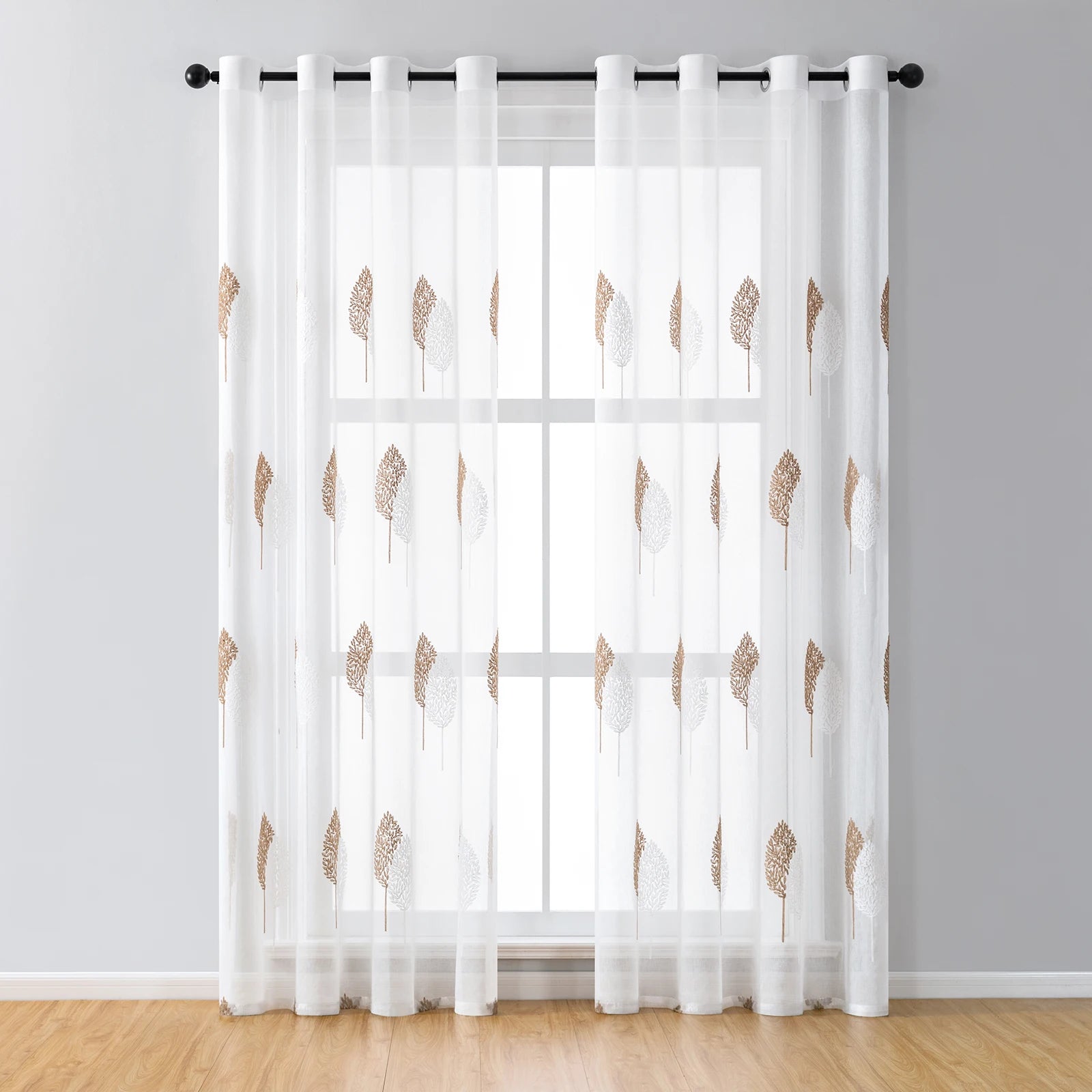 Rideaux voilage brodés feuilles en polyester pour salon et chambre (2 panneaux)