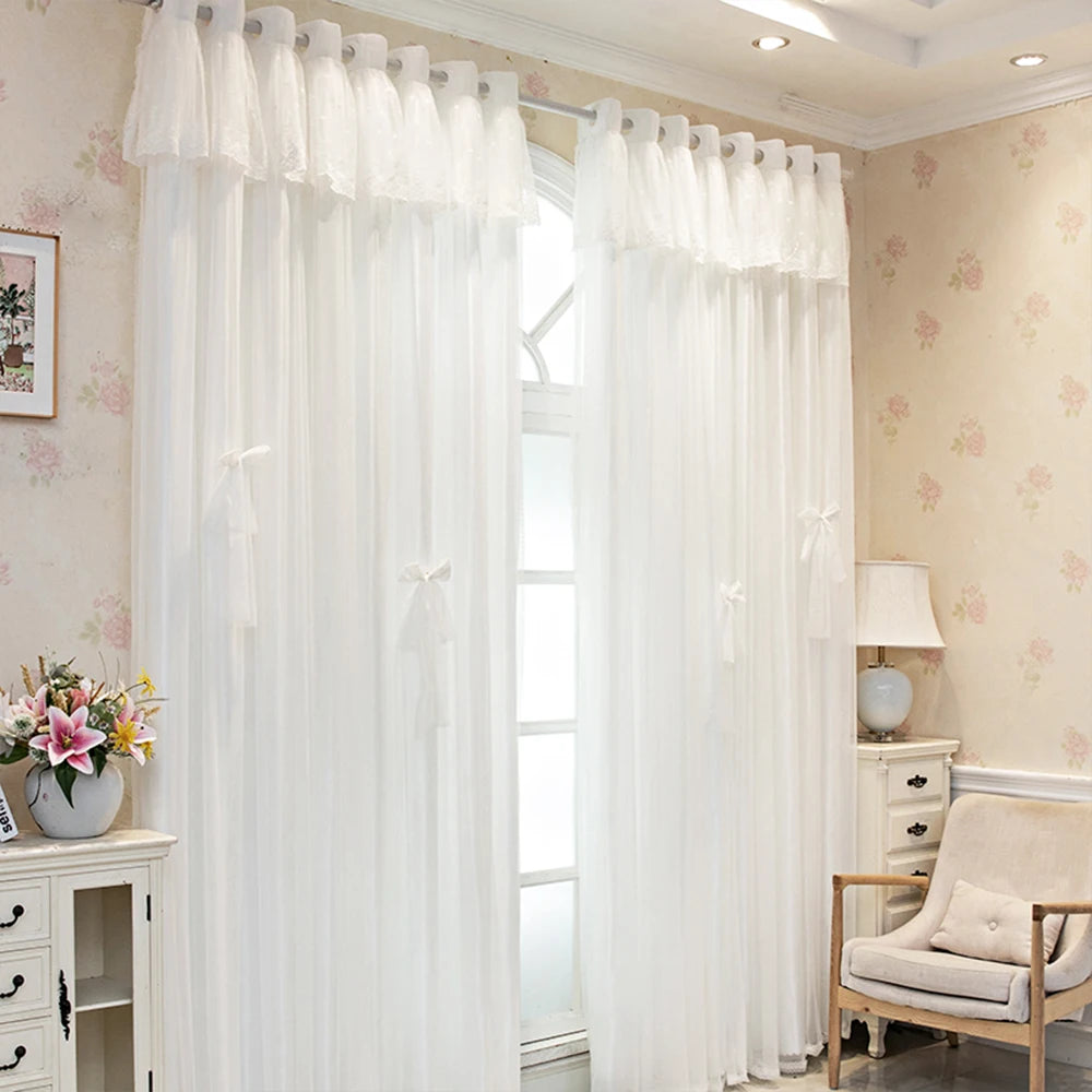 Rideau double épaisseur blanc avec voilage et nœuds papillon décoratifs