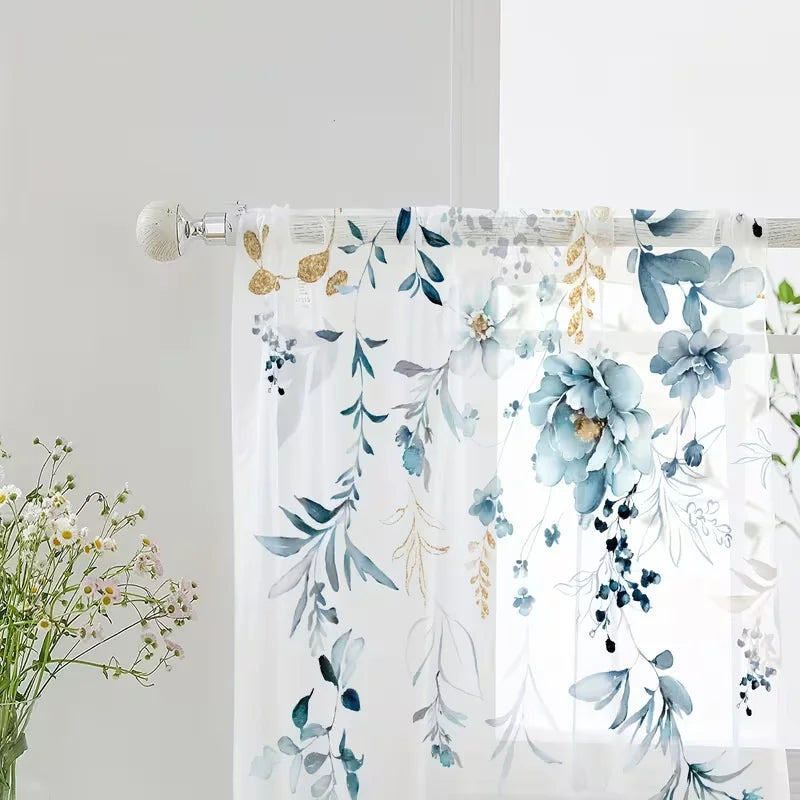 Rideaux voilage fleuris bleu et doré translucides pour cuisine