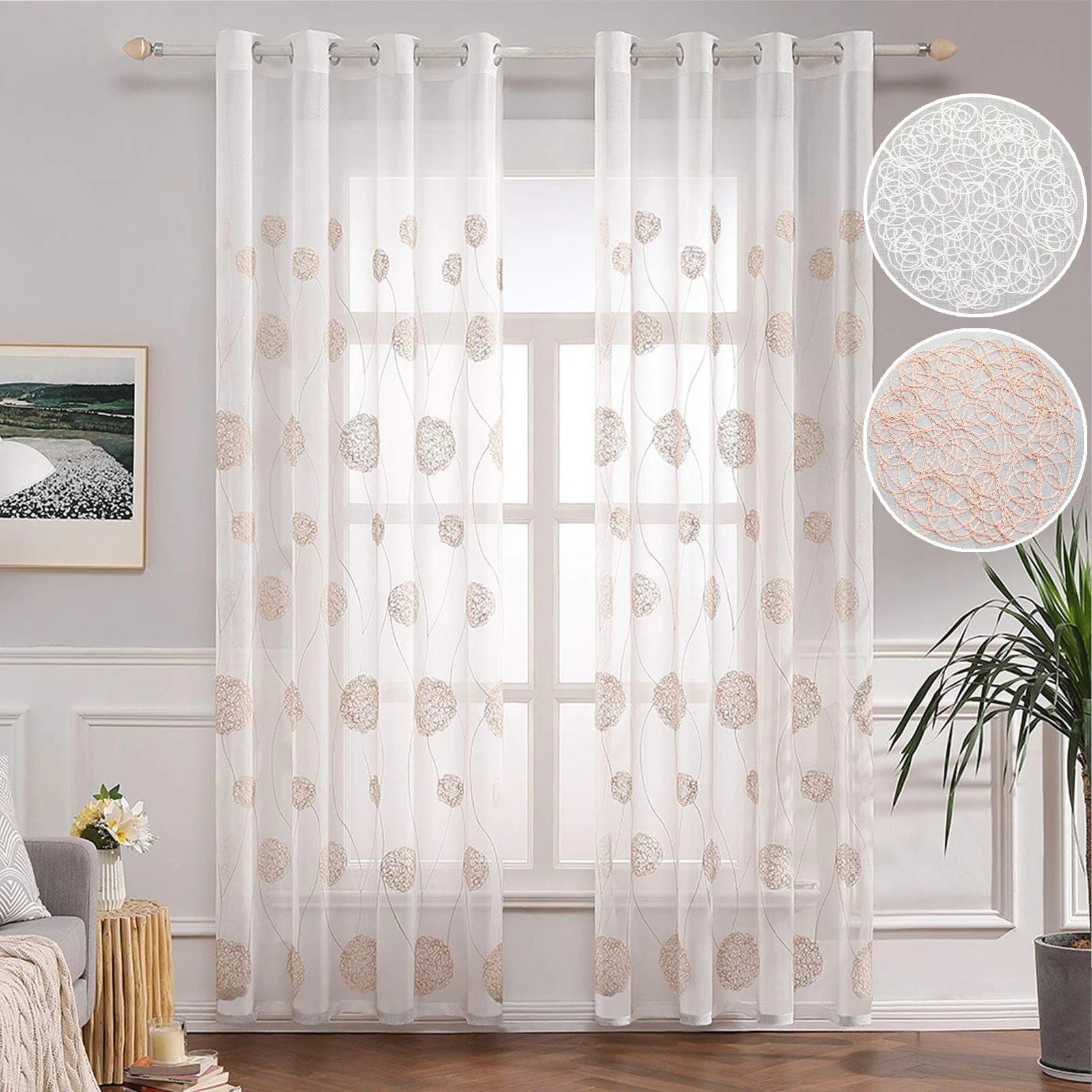 Rideau voilage blanc brodé moderne en polyester – 2 panneaux