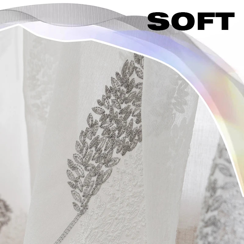 Voilage blanc brodé feuilles grises en tulle transparent pour salon moderne