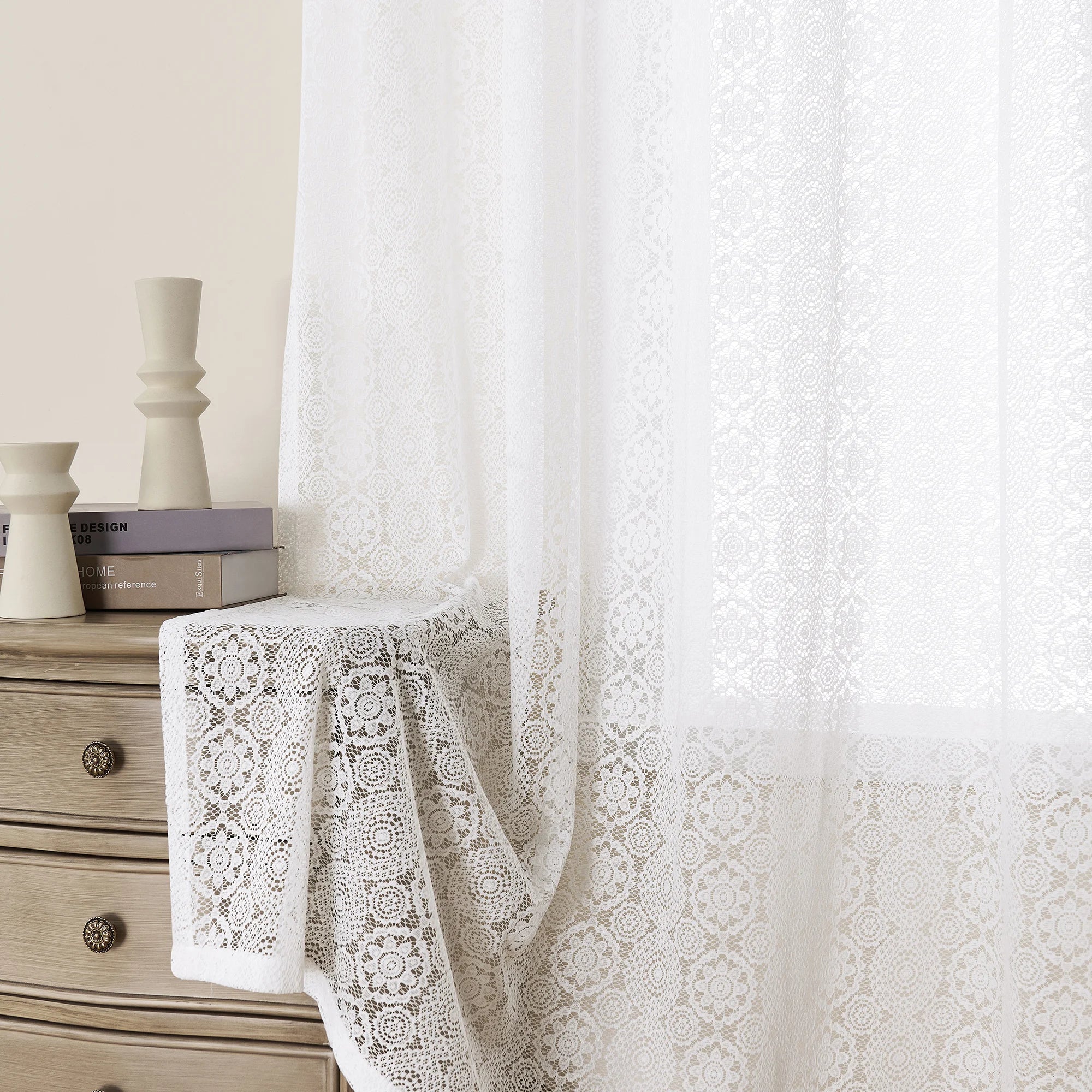 Rideau voilage dentelle brodée vintage blanc pour salon et balcon