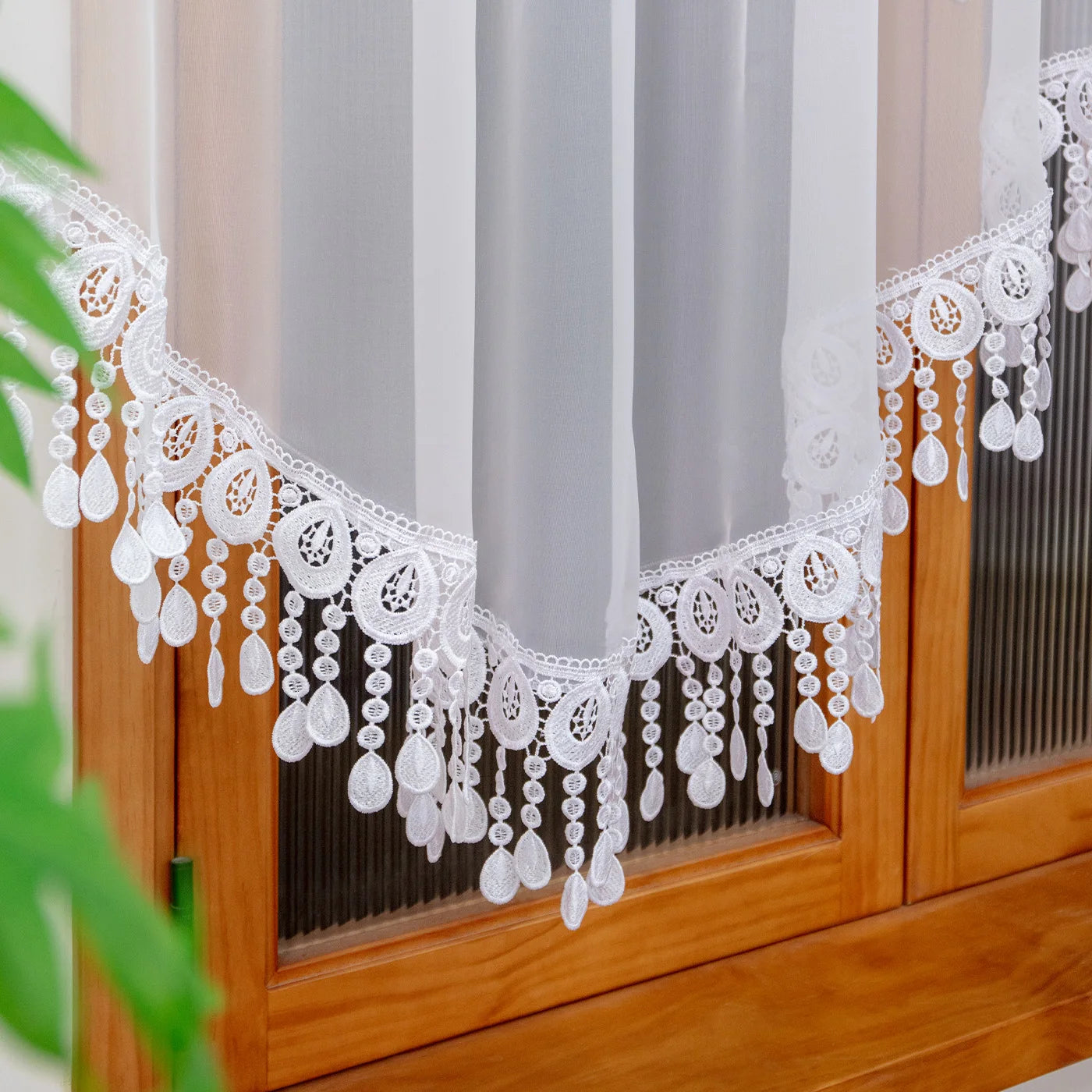 Rideau brise bise dentelle blanche tamisant finition pointe pour cuisine ( 1 pièce)