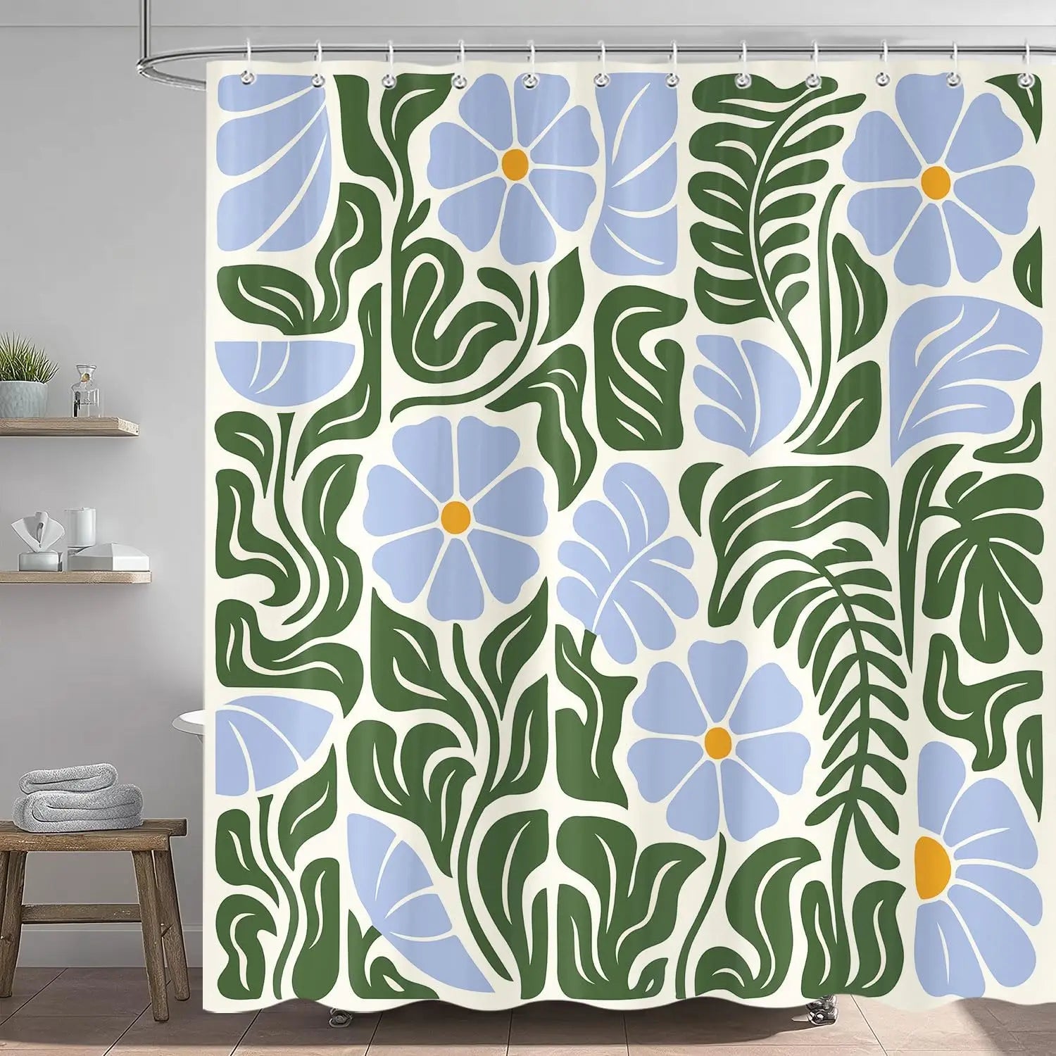 Rideau de douche polyester imperméable motif floral rétro bleu vert