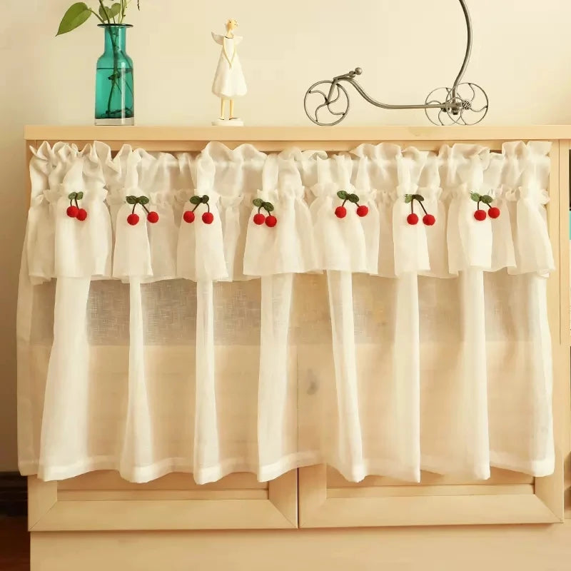 Rideau voilage court en lin blanc avec cantonnière à cerises pour petite fenêtre