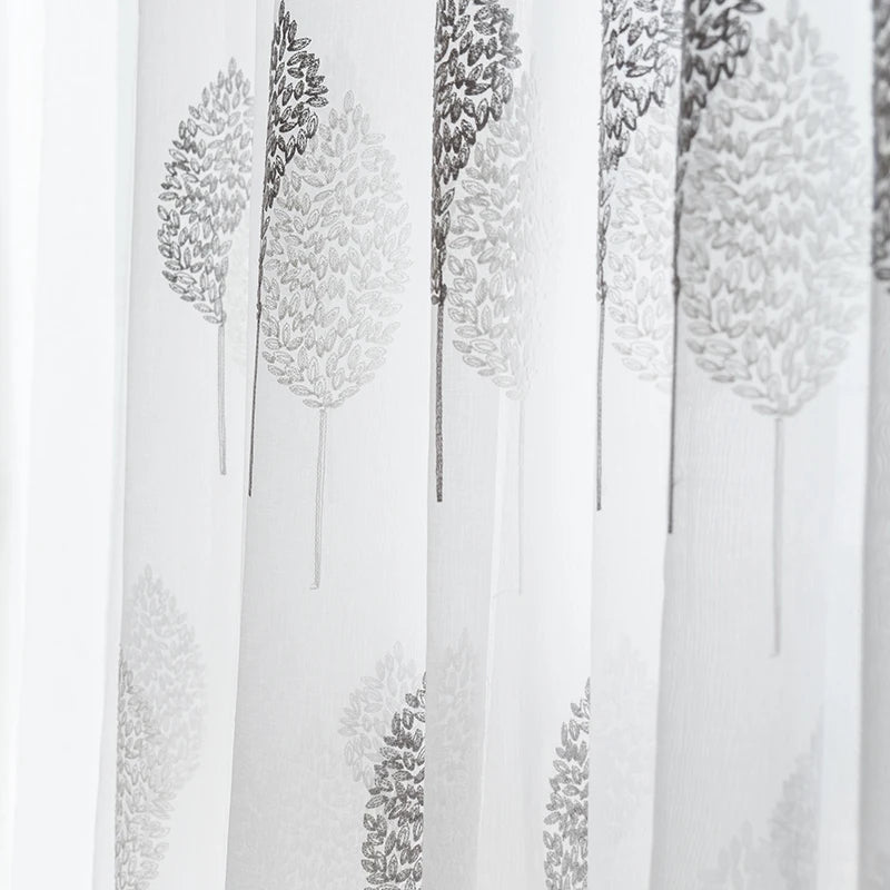 Voilage blanc brodé feuilles grises en tulle transparent pour salon moderne