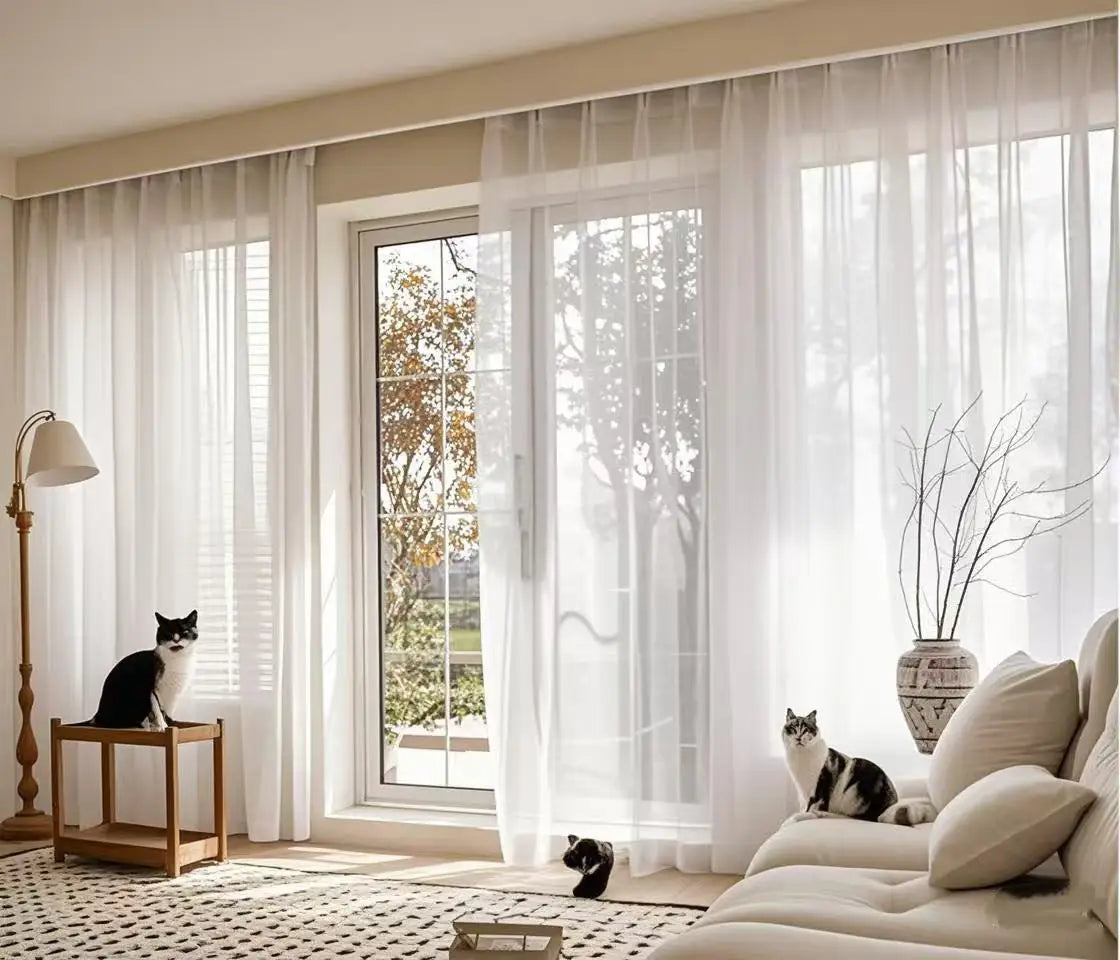 Rideau voilage blanc sur mesure semi-transparent pour salon et baie vitrée