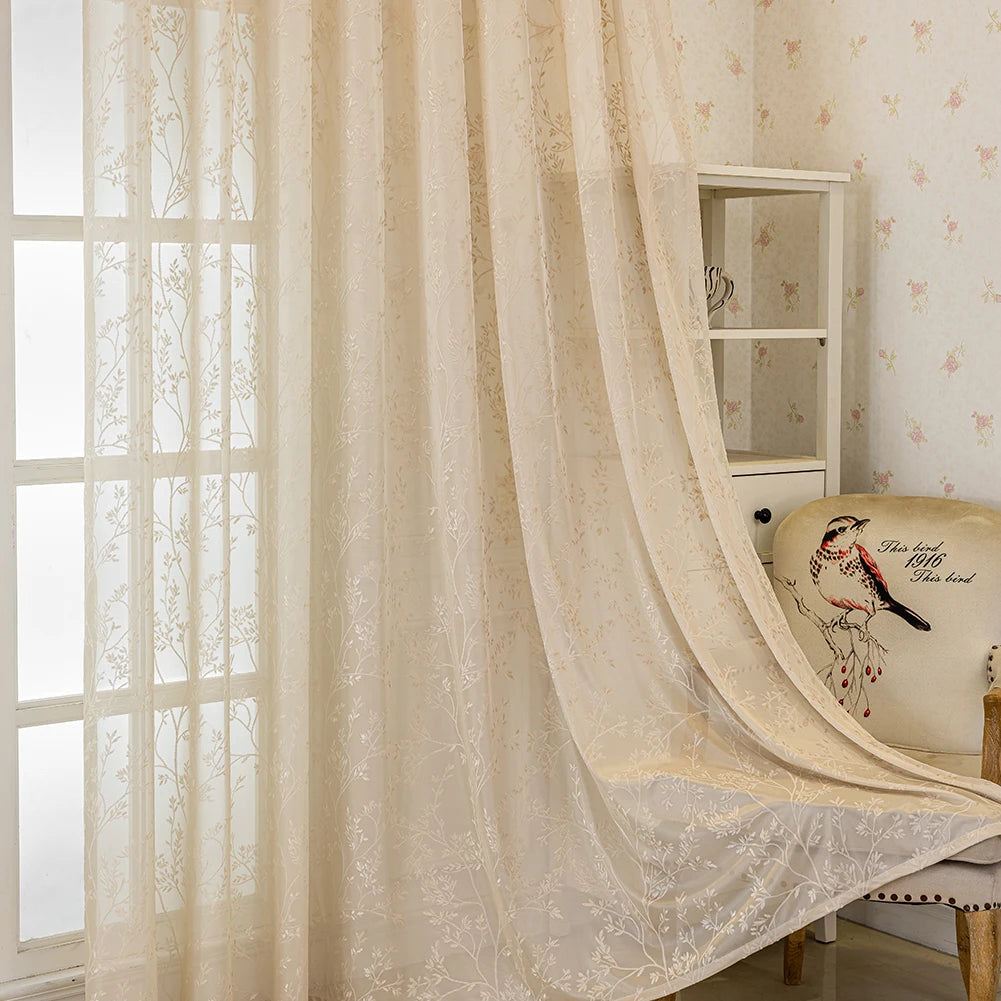 Rideau voilage jacquard beige à motifs floraux pour salon et balcon