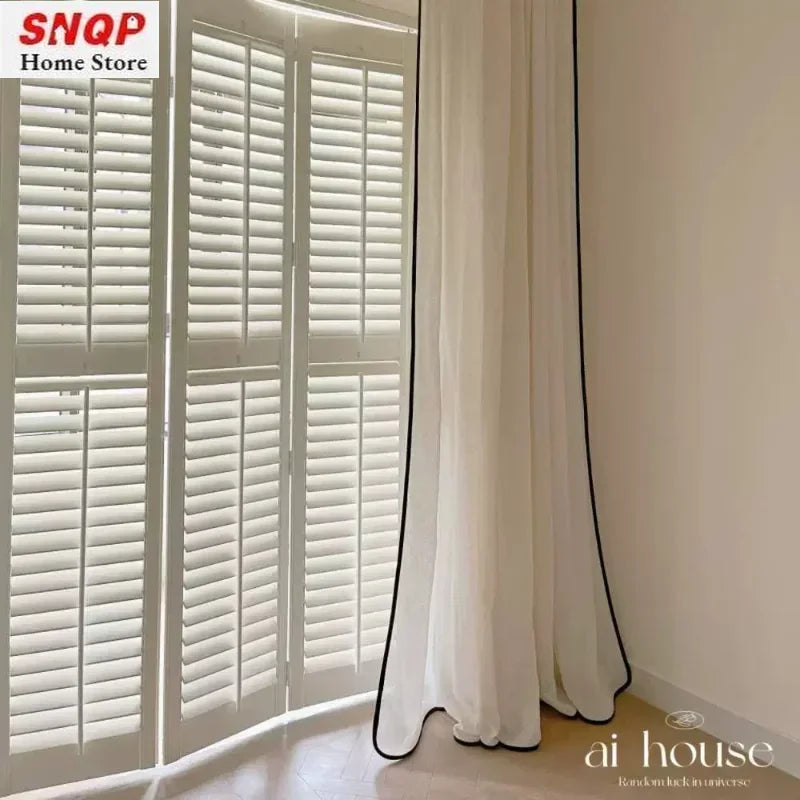 Rideau voilage beige en tulle bord noir pour salon et chambre