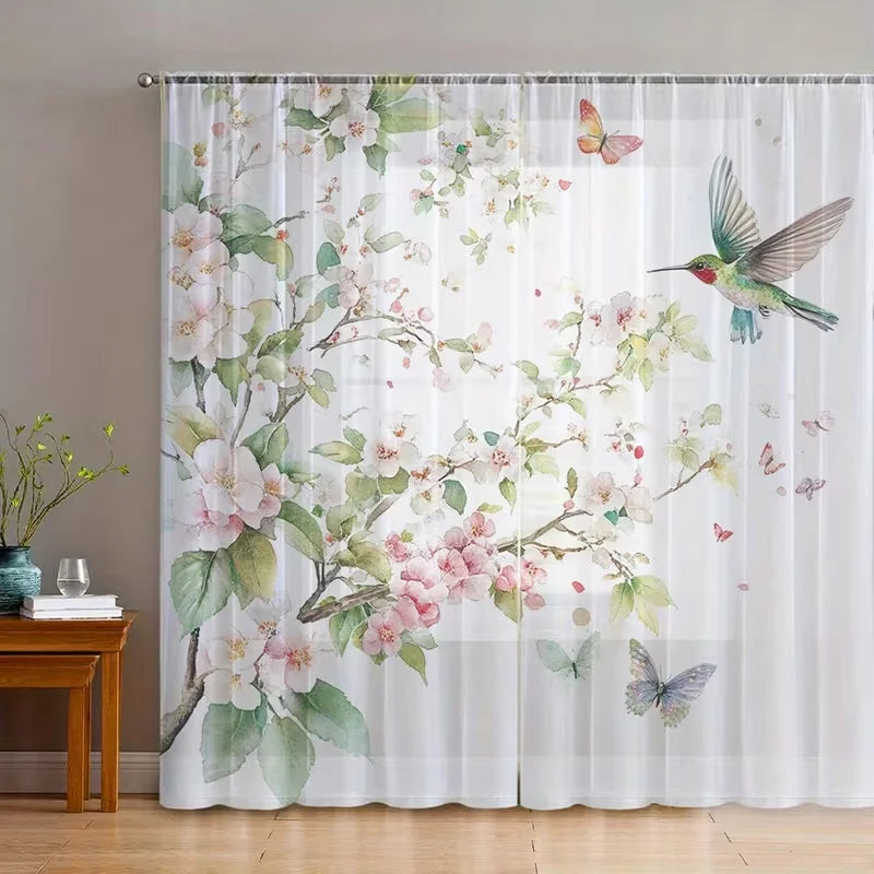 Rideaux voilage fleuris oiseaux translucides romantique pour salon