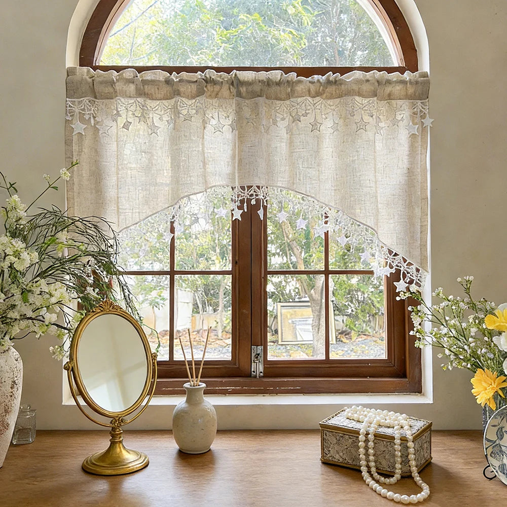 Rideau valance arche brodé étoiles style farmhouse en polyester tamisant