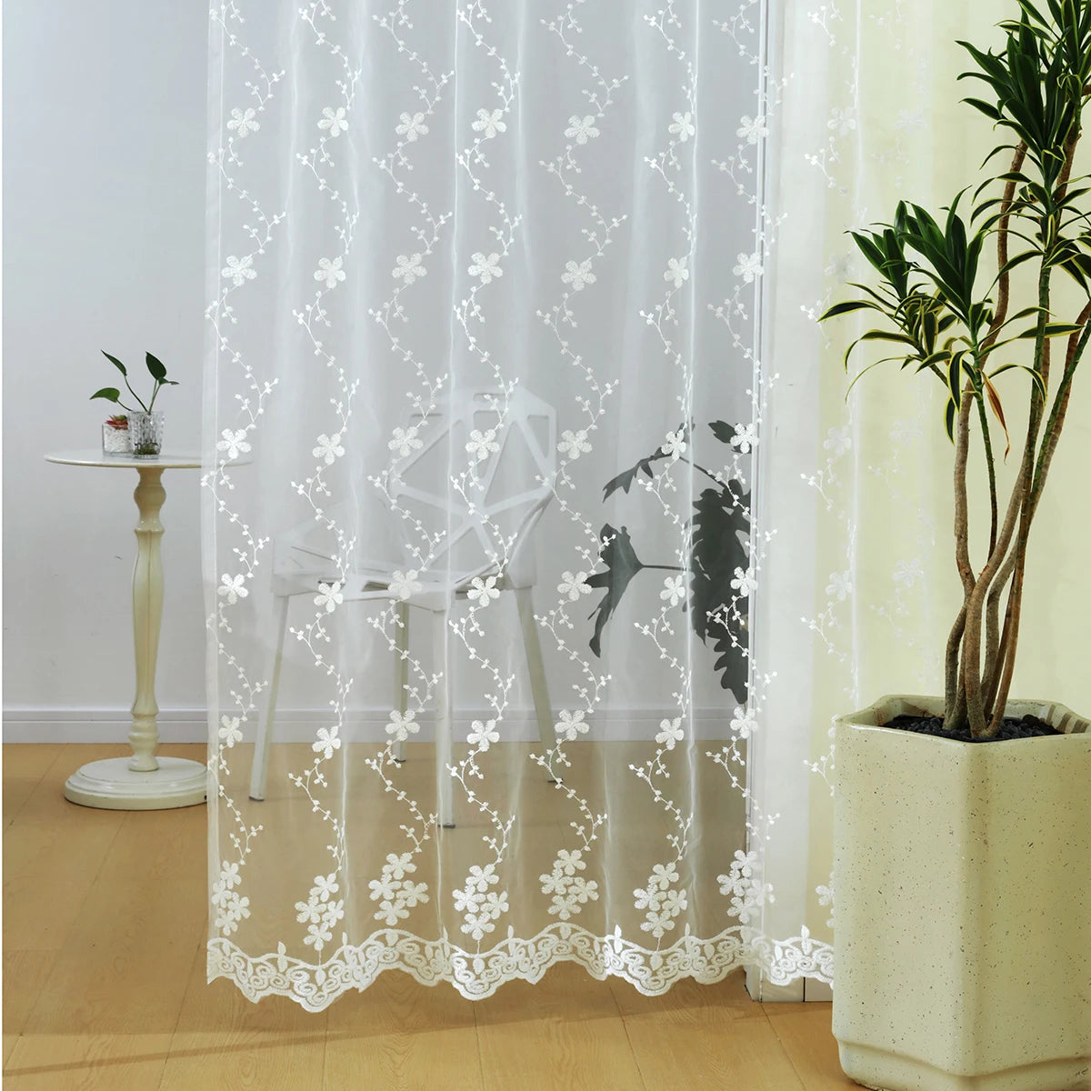 Rideau voilage fleurs brodées dentelle blanche tamisant pour salon et chambre (1 pièce)