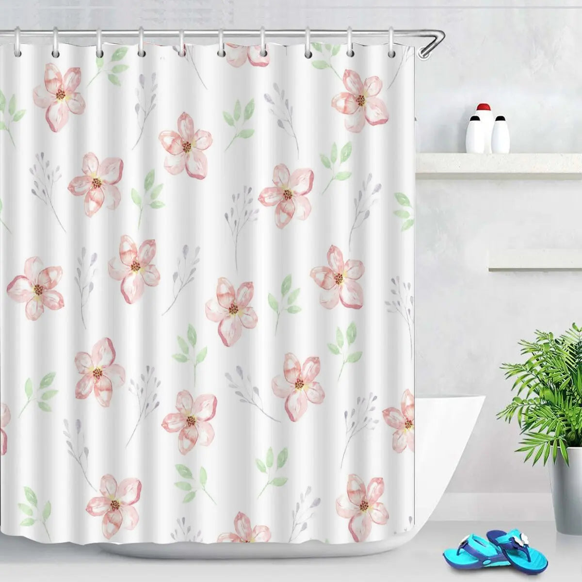 Rideau de douche en polyester imperméable motif tulipes roses