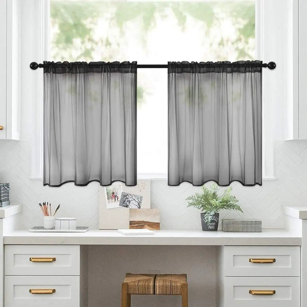 Petit rideau voilage court transparent uni pour cuisine et salle de bain (2 pièces)