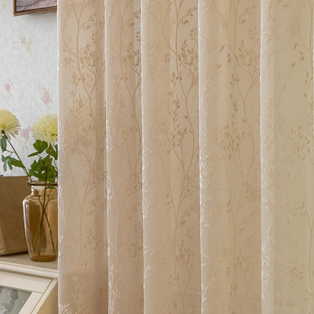 Rideau voilage jacquard beige à motifs floraux pour salon et balcon