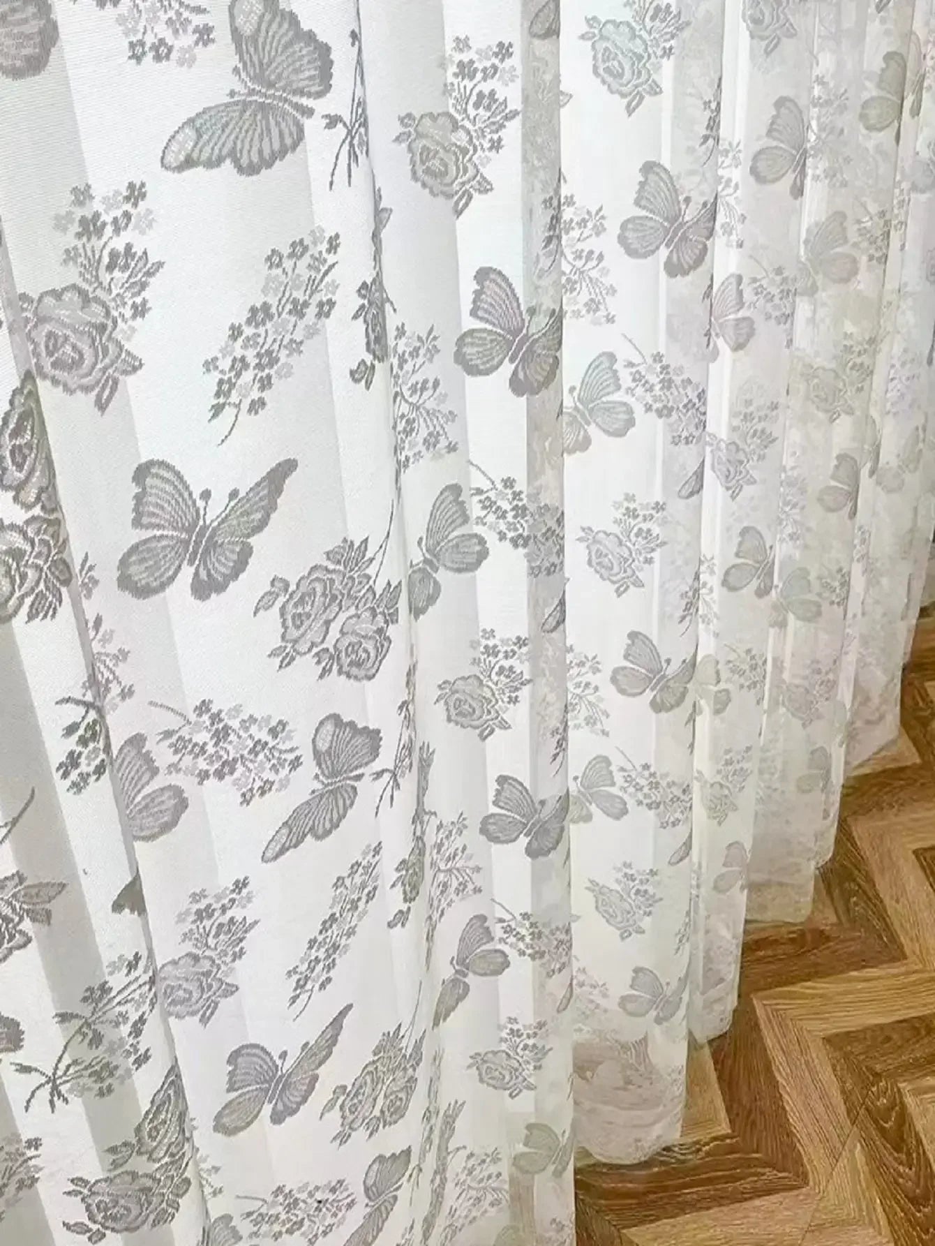 Rideau voilage blanc en coton motif papillon pour chambre (1 panneau)