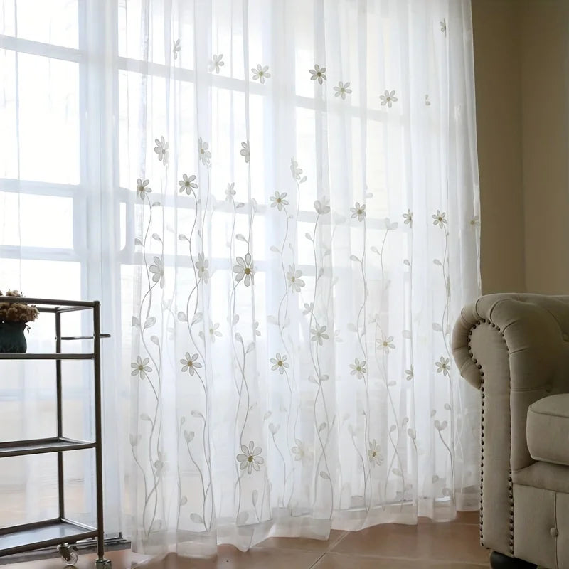 Voilage brodé floral blanc transparent pour porte-fenêtre et baie vitrée (1 paznneau)