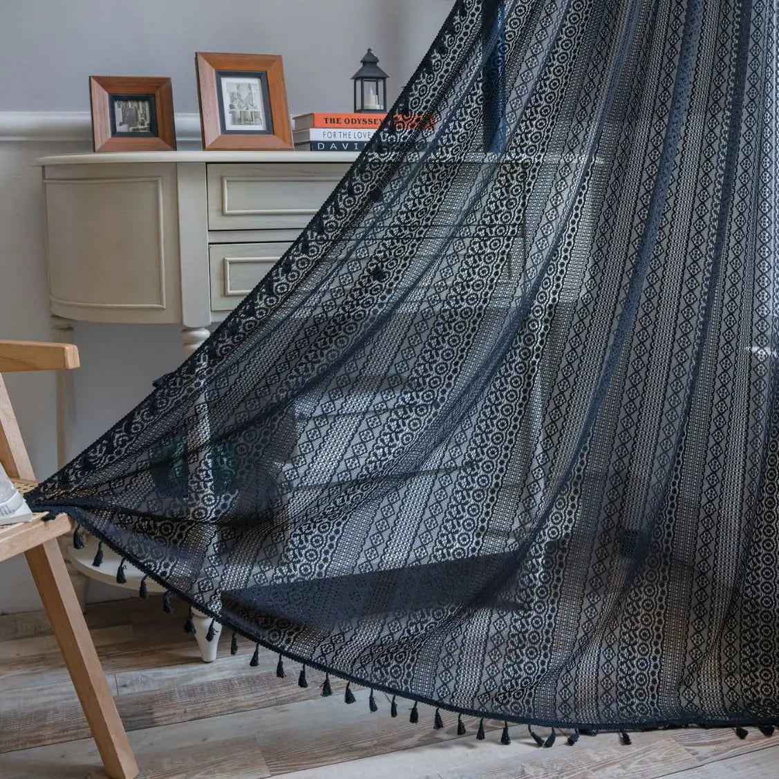 Rideau voilage bohème en coton macramé ajouré avec pompons