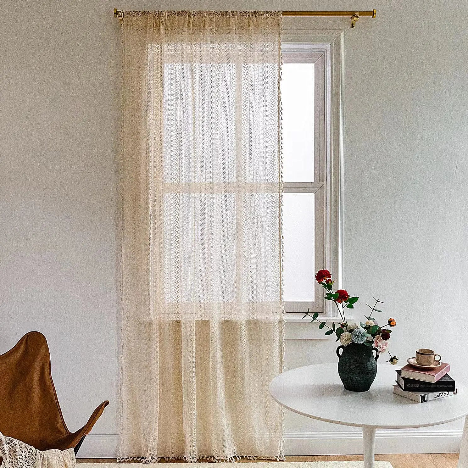 Rideau voilage bohème en coton macramé ajouré avec pompons