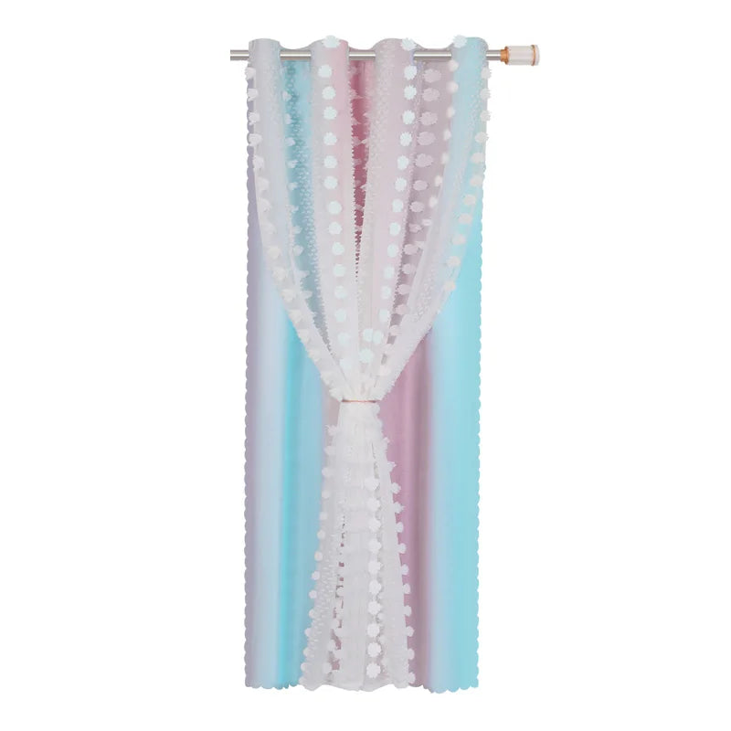 Rideau occultant double épaisseur avec voile pompons pour chambre enfant