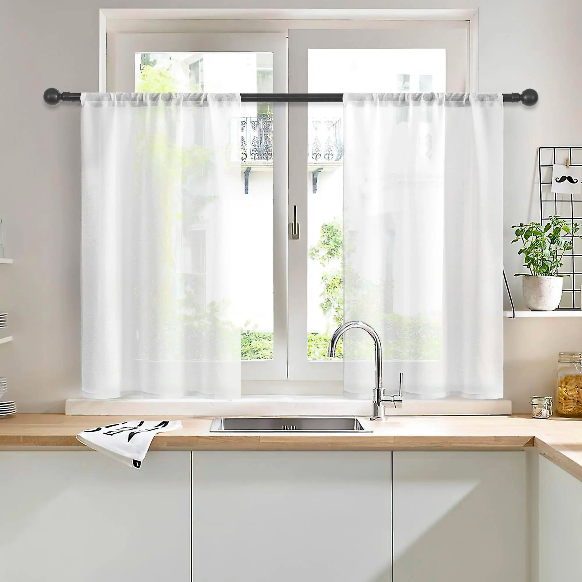 Rideau voile transparent brodé 100 % polyester pour cuisine (2 pièces)