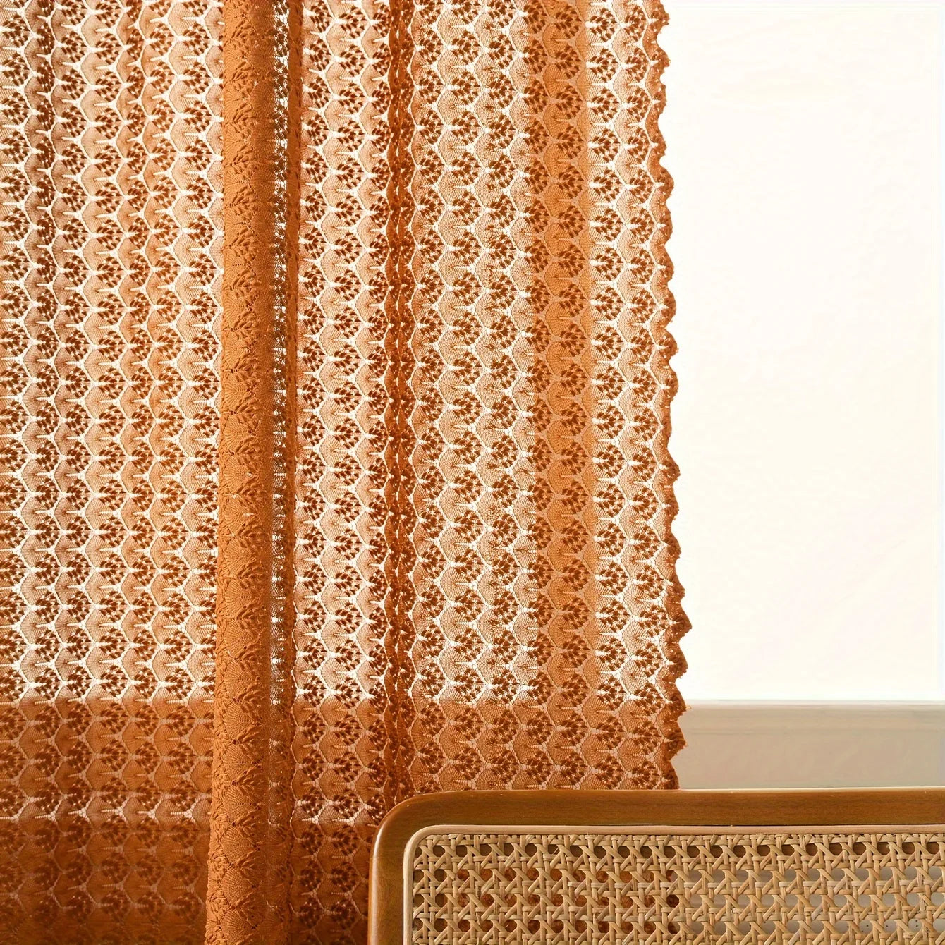 Rideau voilage orange rustique en maille ajourée style campagne chic