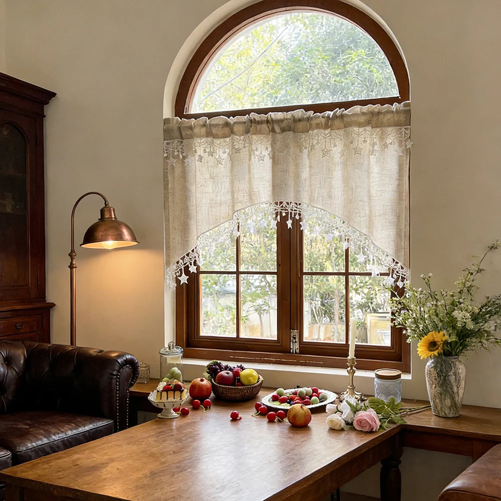 Rideau valance arche brodé étoiles style farmhouse en polyester tamisant